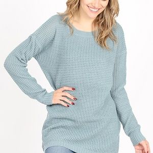 HI-LOW LONG SLEEVE ROUND NECK WAFFLE SWEATER